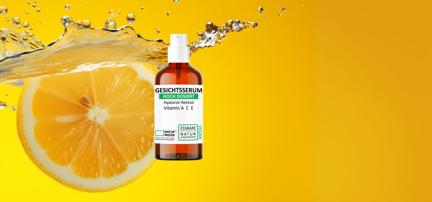 Naturmedin Gesichtsserum mit Vitaminen A, C und E – hochkonzentriertes, klares Serum in medizinischer Glasverpackung. Entwickelt für intensive Hautpflege, Anti-Aging und Zellschutz mit rein natürlichen, essbaren Inhaltsstoffen. Minimalistisches, apothekeninspiriertes Design.