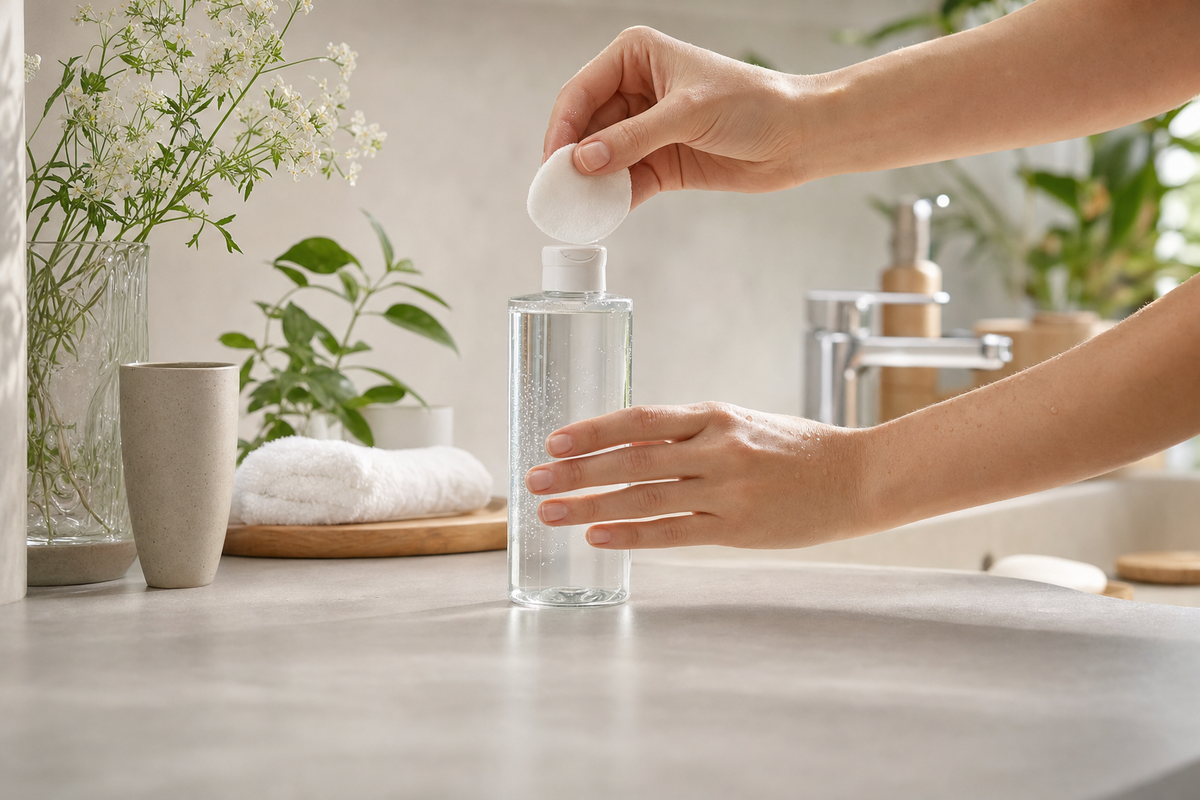 Nahaufnahme einer Person, die Mizellenwasser verwendet, um Make-up zu entfernen