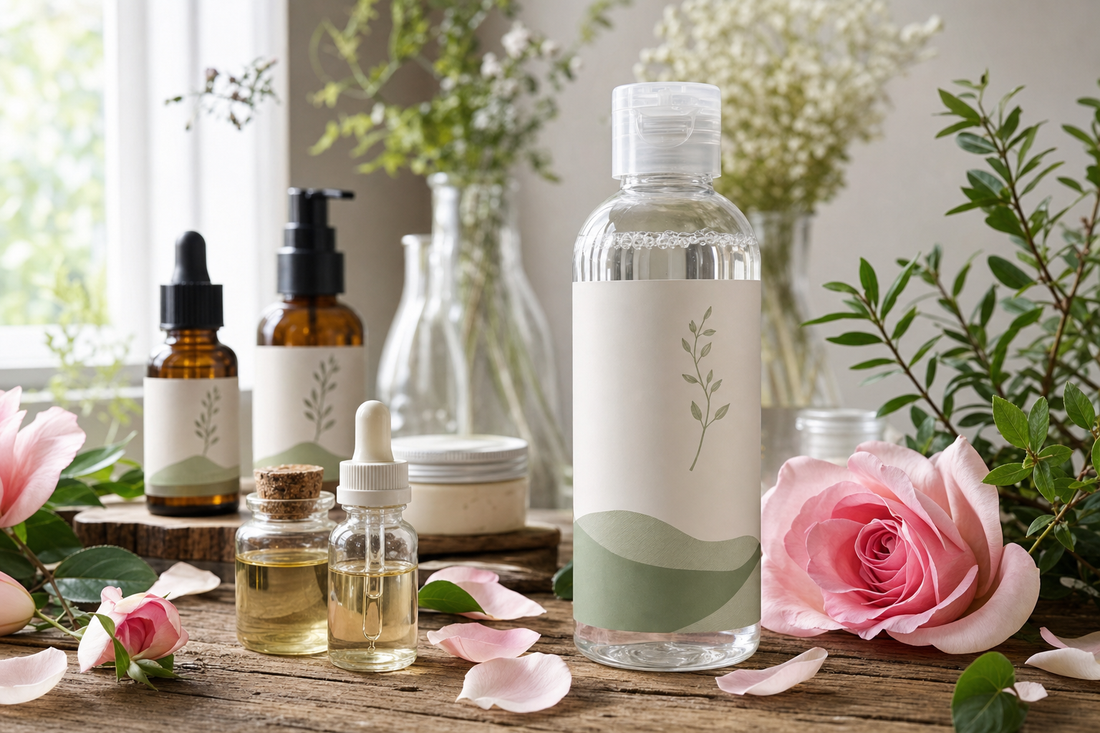Natürliche Hautpflegeprodukte auf einem Holztisch mit Rosenblüten daneben