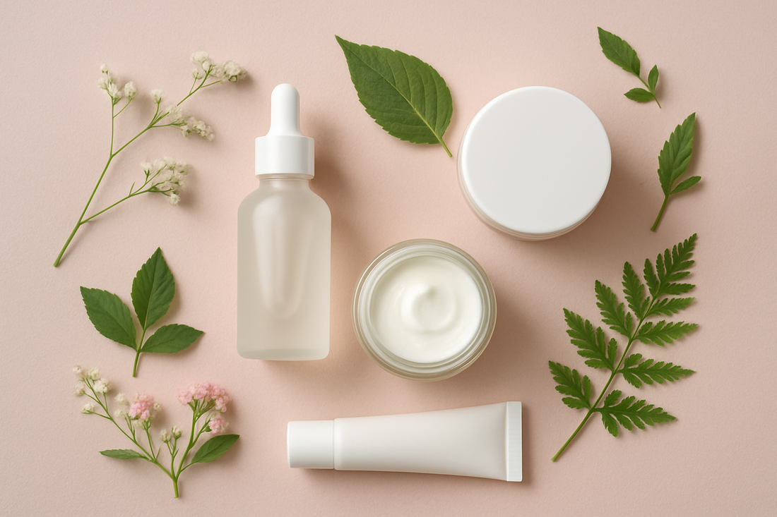 Ein flaches Foto von Heilerde-Produkten mit botanischen Elementen