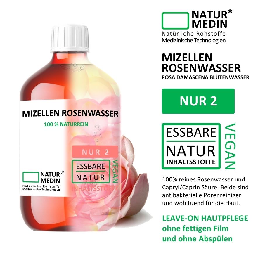 Mizellenwasser Rose. Make-up Entferner. Reinigen und Pflegen in einem Schritt. 100% Natur.