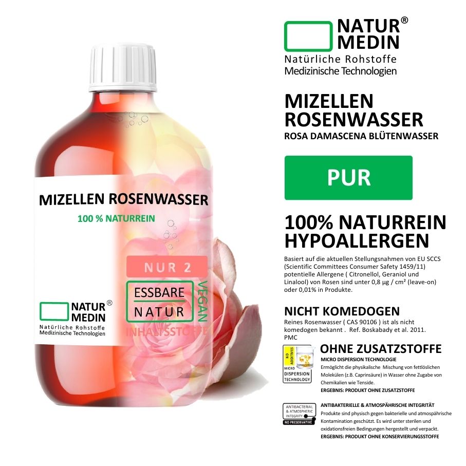 Mizellenwasser Rose. Make-up Entferner. Reinigen und Pflegen in einem Schritt. 100% Natur.