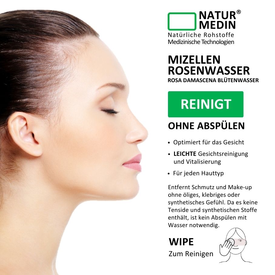Mizellenwasser Rose. Make-up Entferner. Reinigen und Pflegen in einem Schritt. 100% Natur.