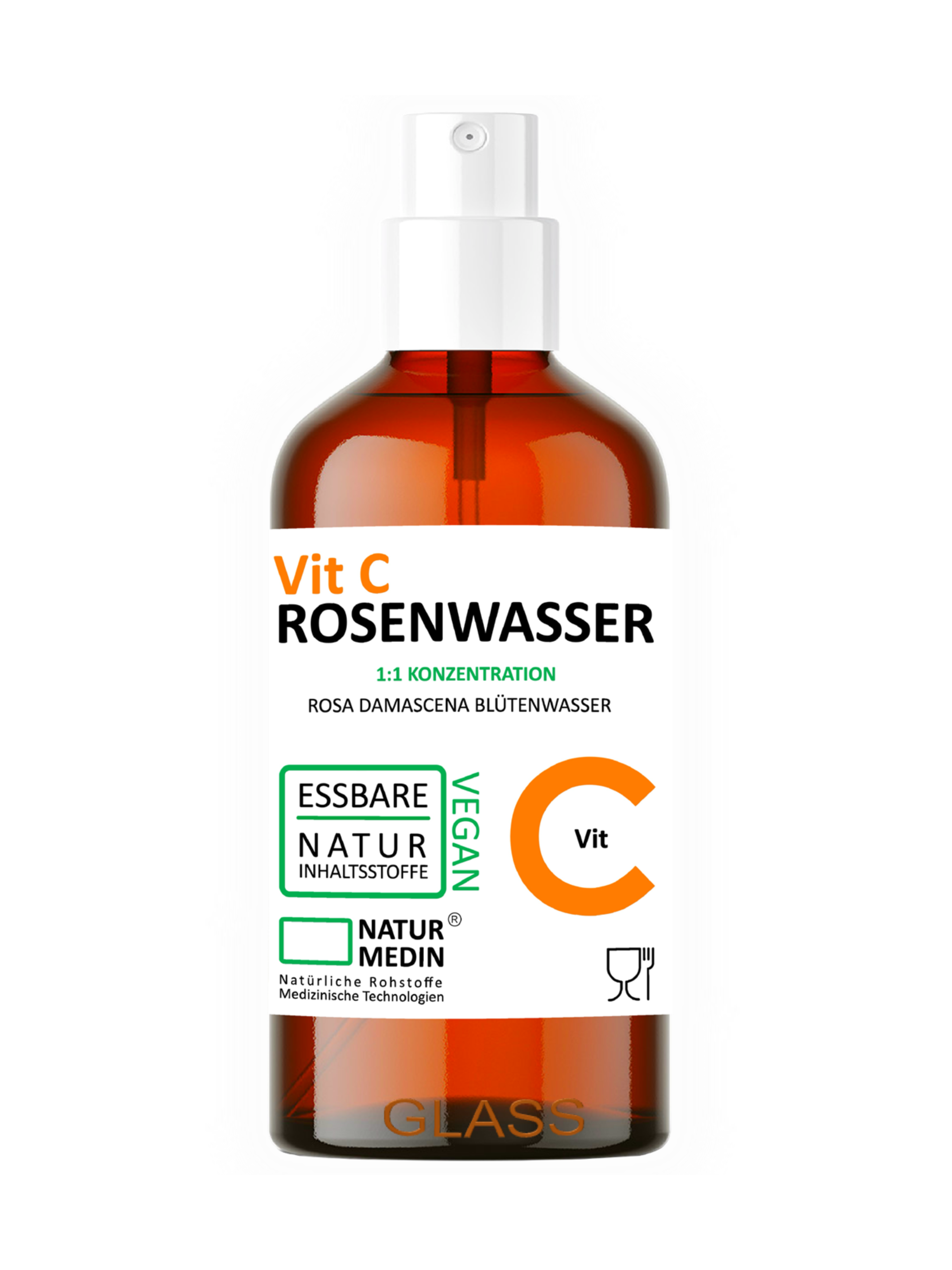 Rosenwasser Vitamin C. 100 % naturrein Rosa Damascena Blütenwasser mit Vitamin C ohne Zusatzstoffe.