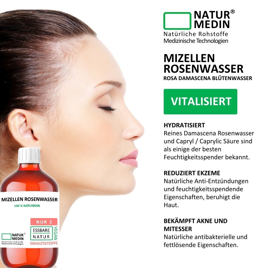 Mizellenwasser Rose. Make-up Entferner. Reinigen und Pflegen in einem Schritt. 100% Natur.
