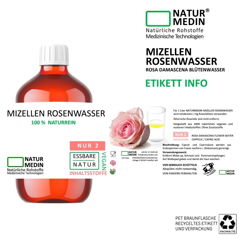 Mizellenwasser Rose. Make-up Entferner. Reinigen und Pflegen in einem Schritt. 100% Natur.