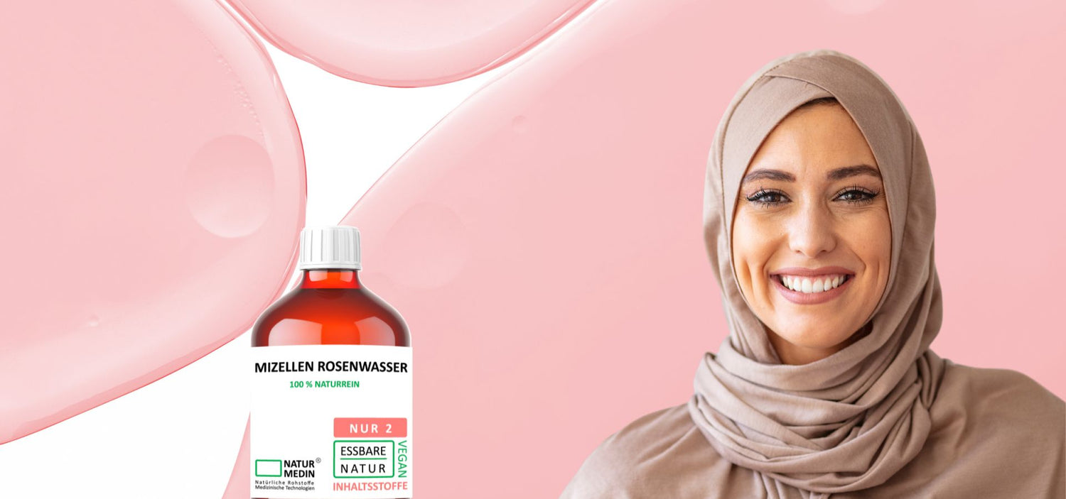 „Naturmedin Mizellen Rosenwasser – natürliche Gesichtsreinigung ohne Tenside, in klarer Glasflasche. Bestehend aus 100 % reinem Damascena-Rosenwasser und feinen Öl-Molekülen. Für sensible Haut geeignet, entfernt Make-up sanft ohne Abspülen. Edles, medizinisch-reduziertes Design.