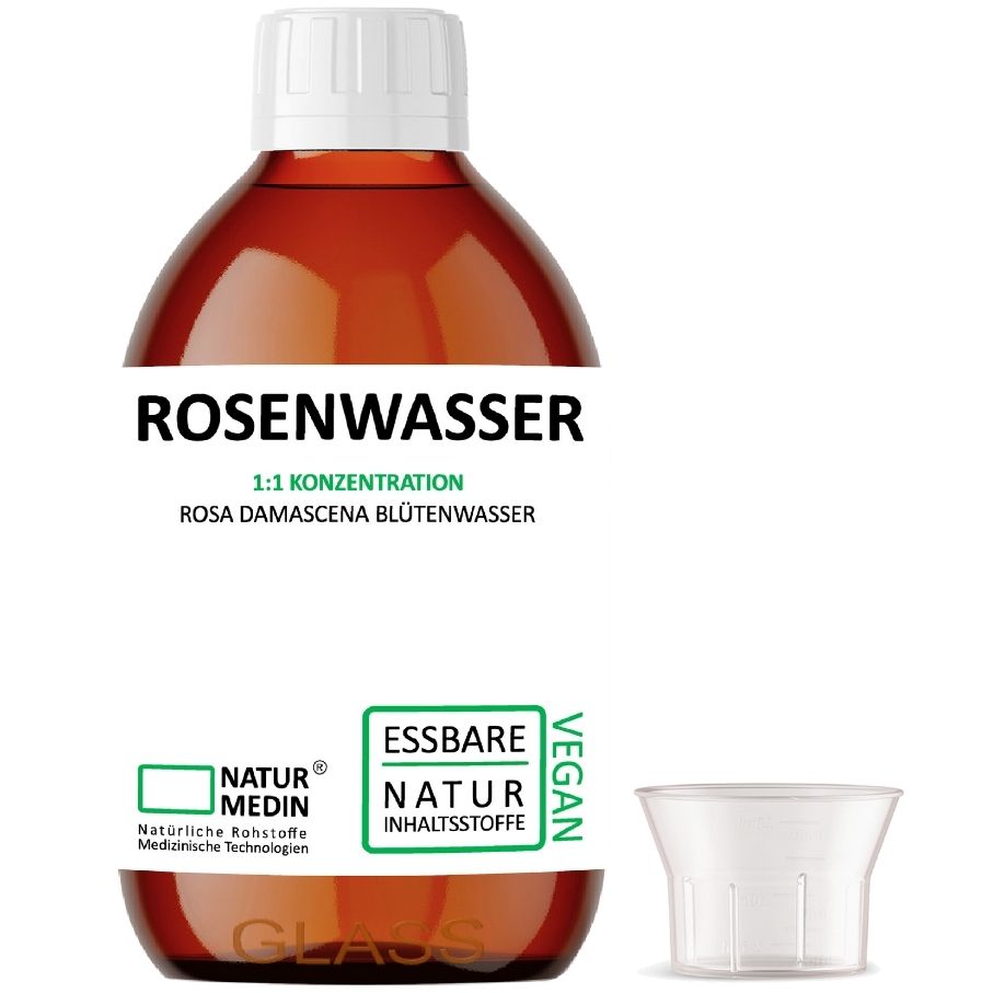 Naturmedin Rosenwasser Glass mit Messbecher