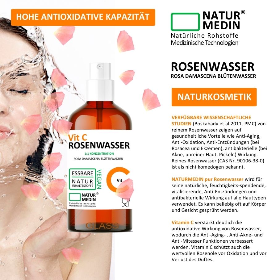 Rosenwasser mit Vitamin C, Anti-Falten, Anti Aging. 100% Natur