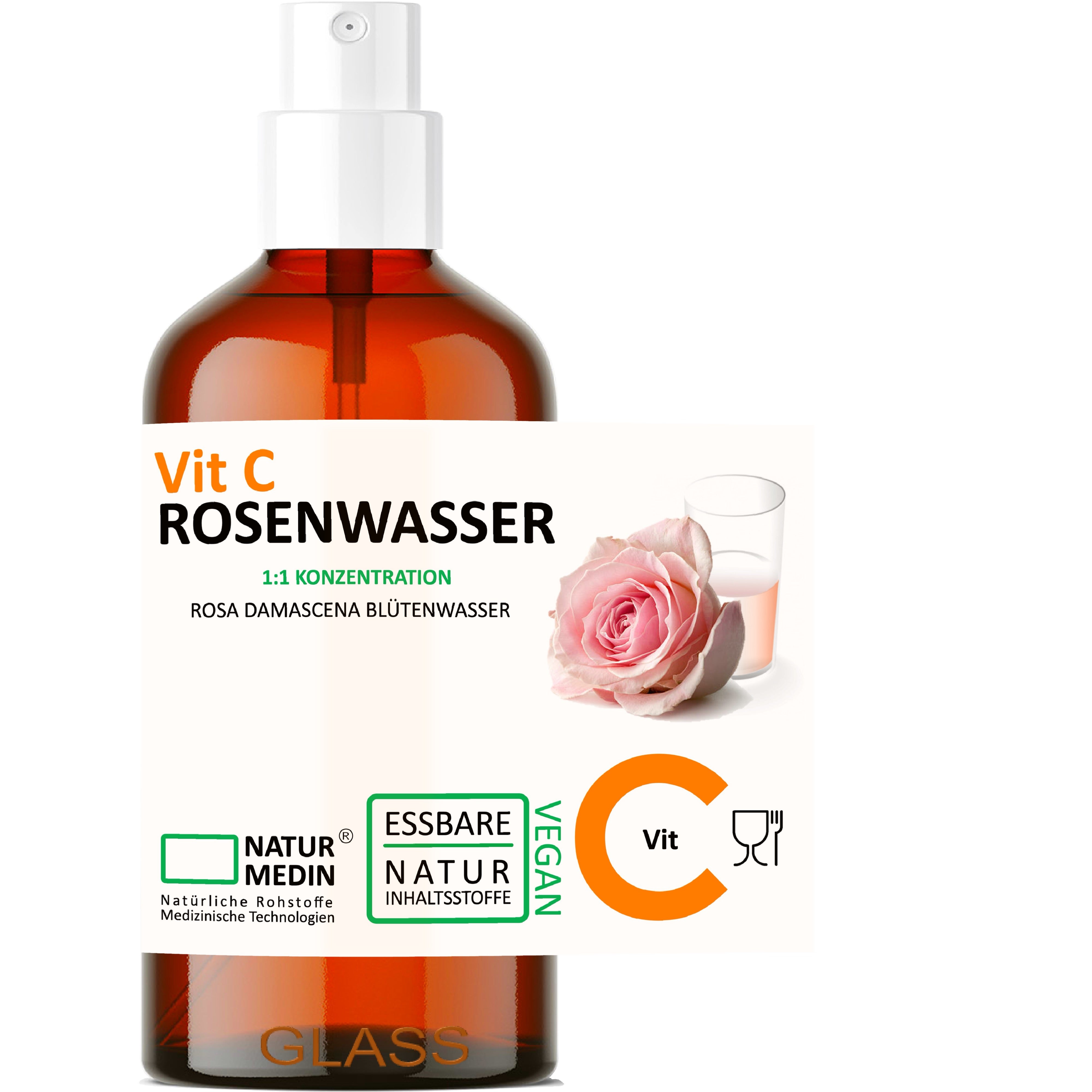 Rosenwasser Vitamin C. 100 % naturrein Rosa Damascena Blütenwasser mit Vitamin C ohne Zusatzstoffe.